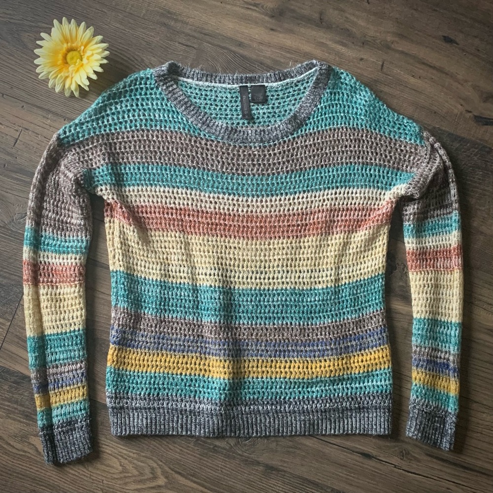 Full Tilt open knit wool blend striped sweater medium